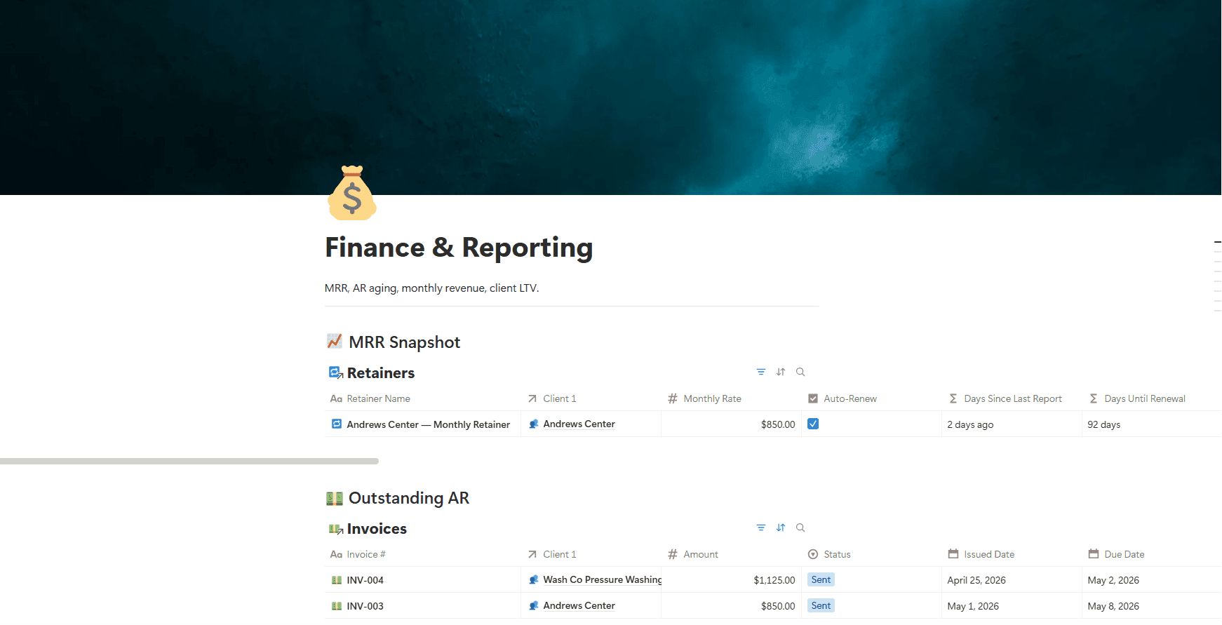 Finance and reporting dashboard